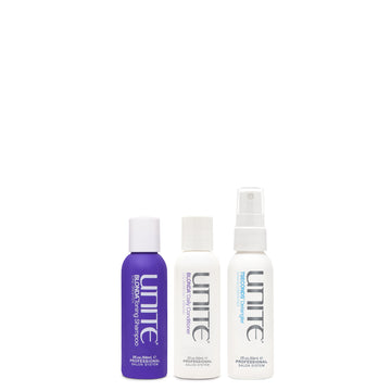 The three bottles included in the BLONDA Starter Kit: Blonda Toning Purple Shampoo, Daily Conditioner and 7SECONDS Detangler 