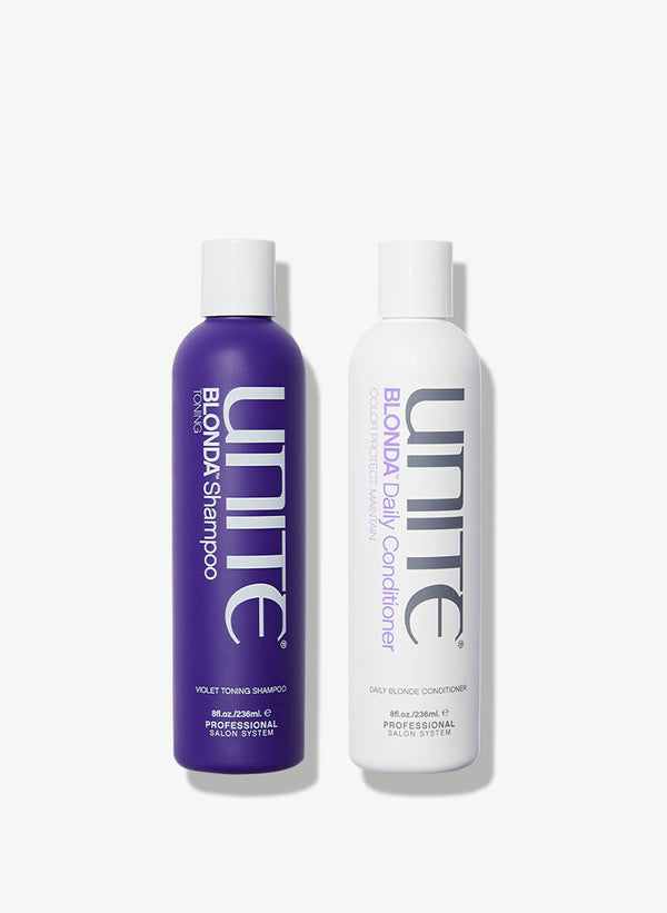 UNITE BLONDA Shampoo and BLONDA Daily Conditioner hair product bottles side-by-side.