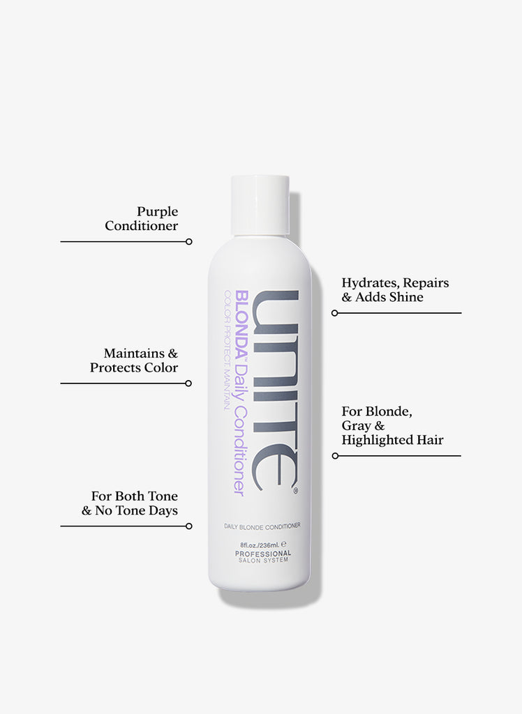 Bottle of purple conditioner for blonde, gray, and highlighted hair, showing benefits and features.