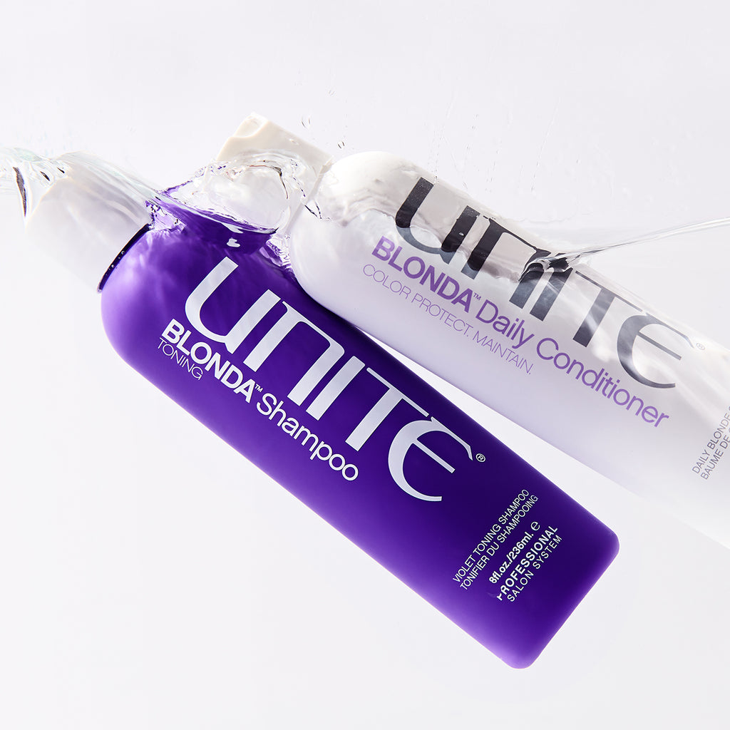 A bottle of BLONDA Toning Purple Shampoo and a bottle of BLONDA Daily Conditioner